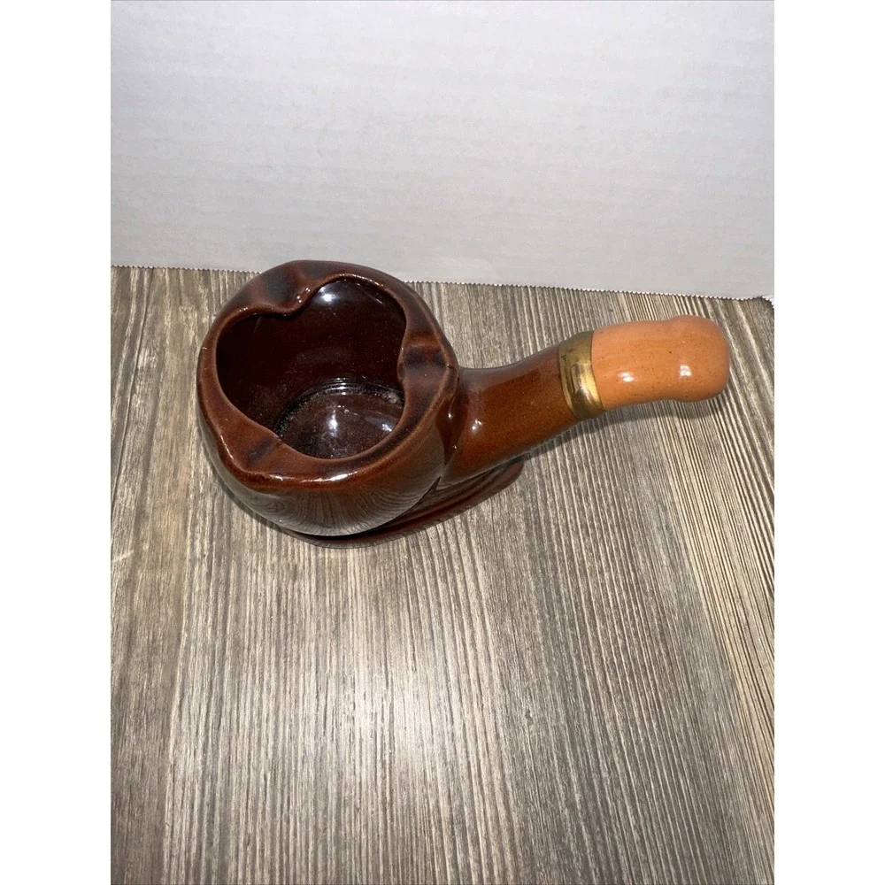 Pipe Shaped Ashtray 3 Slots Brown Tan Ceramic VTG